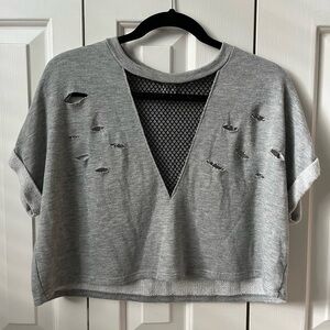 Windsor Gray Lace Cutout Distressed Cropped Tee Size Small